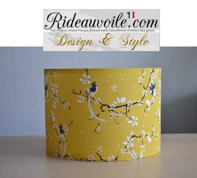 Luminaire déco intérieur sur mesure Abat-jour tissu coton fleur de cerisier jaune et oiseau