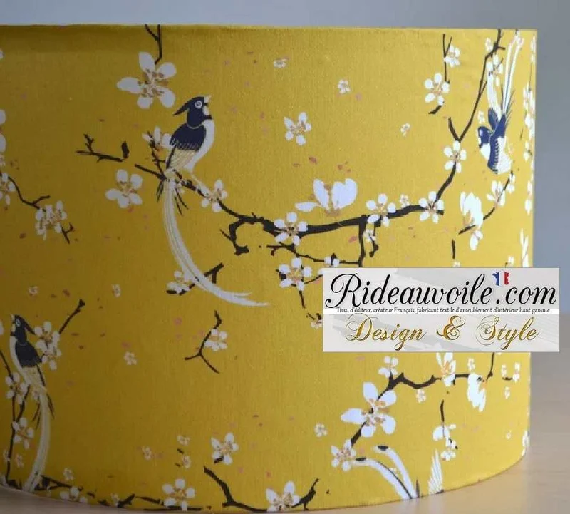 Luminaire déco intérieur sur mesure Abat-jour tissu coton fleur de cerisier jaune et oiseau