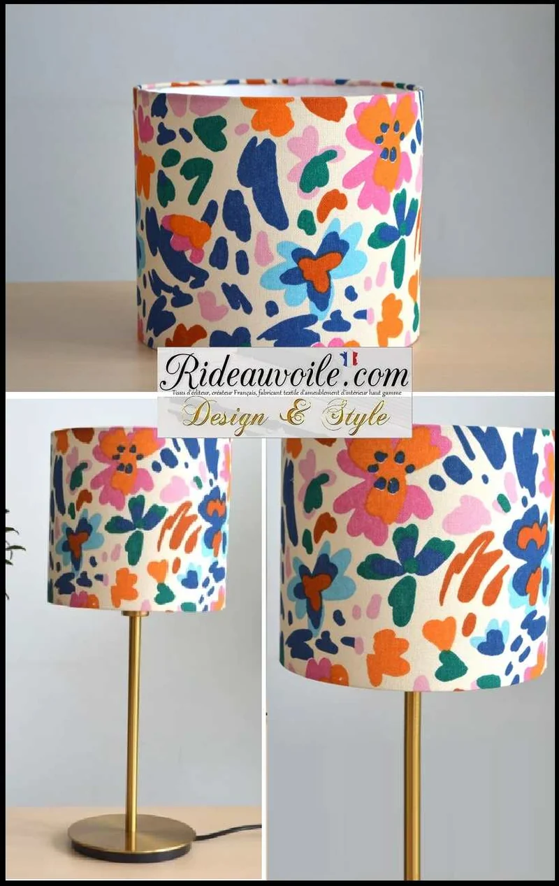 Luminaire sur mesure Abat-jour tissu coton printanier fleur multicolore bleu rose à poser
