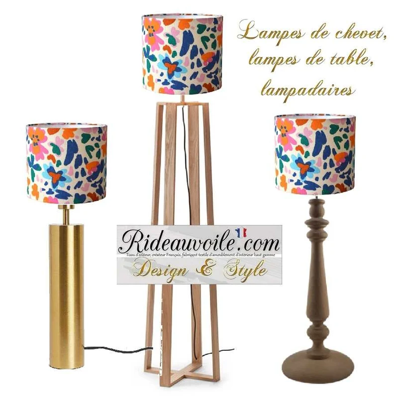 Luminaire sur mesure Abat-jour tissu coton printanier fleur multicolore bleu rose à poser