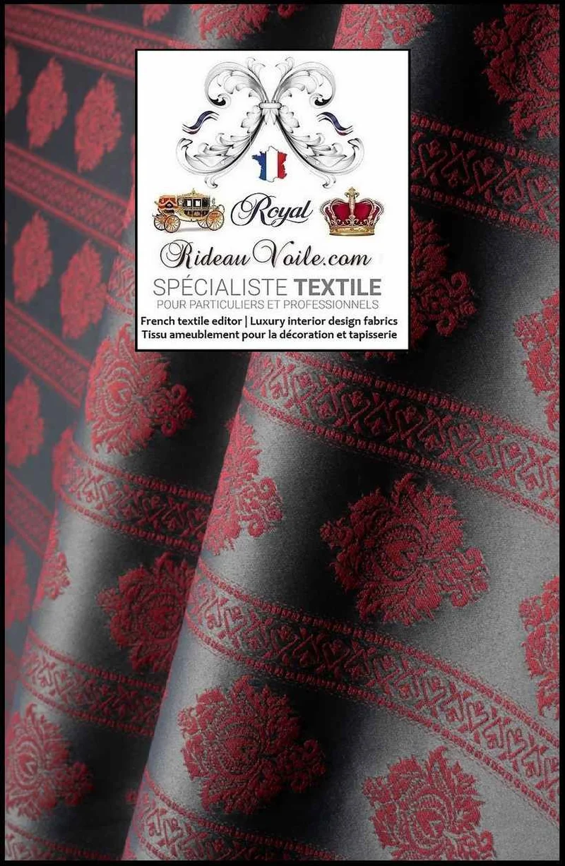 Tissu ameublement Jacquard Damas Damasco Damassé rouge gris rayure florale