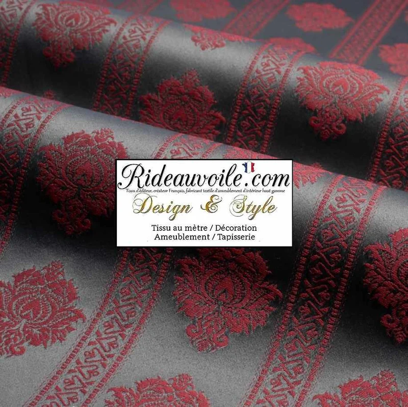 Tissu ameublement Jacquard Damas Damasco Damassé rouge gris rayure florale