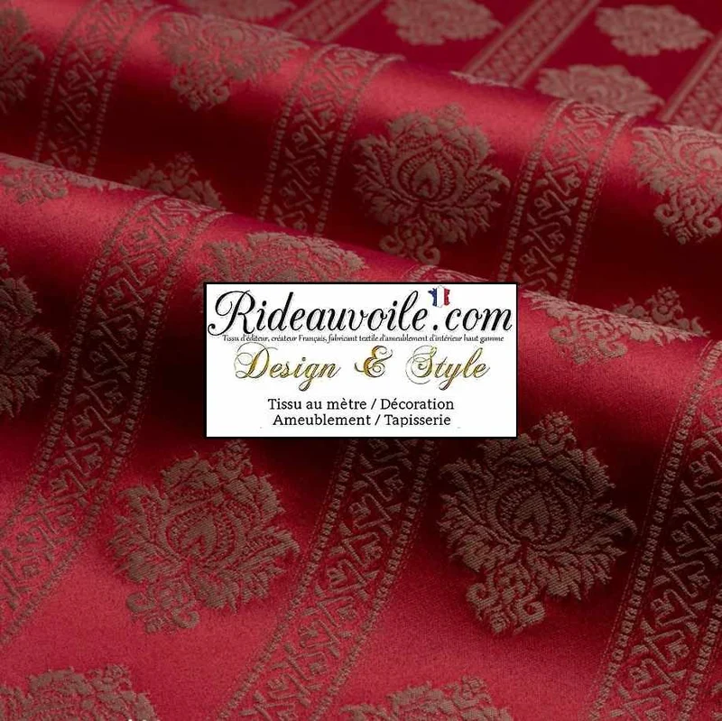 Tissu ameublement Jacquard Damas Damasco Damassé rayure florale rouge mètre