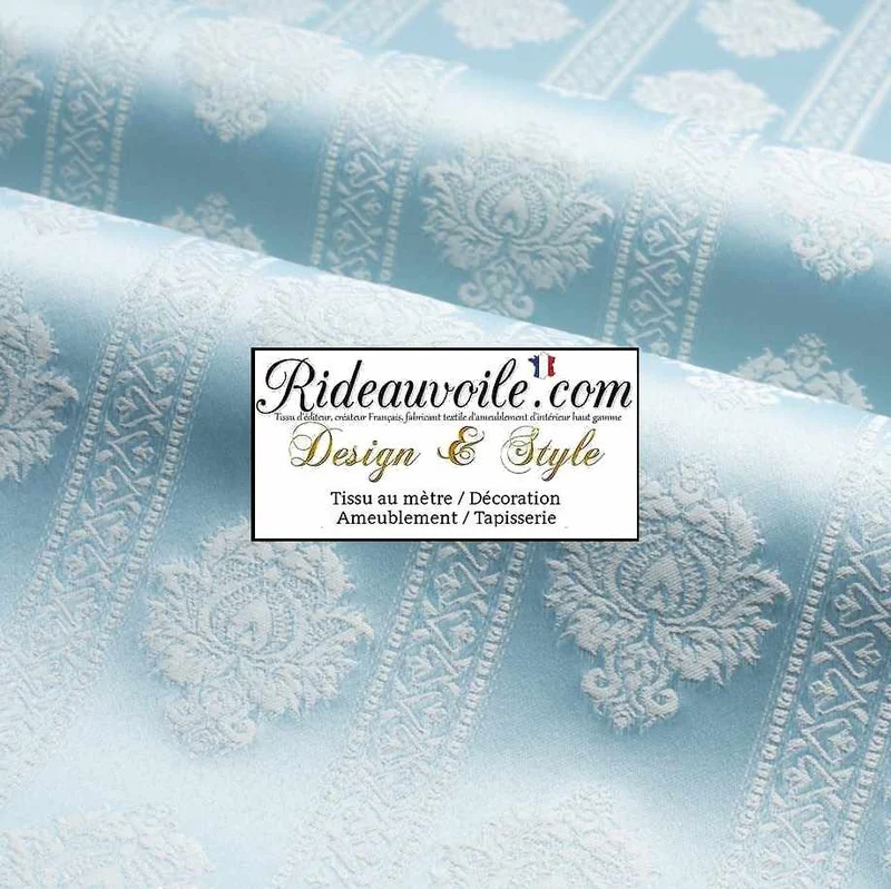 Tissu bleu clair Jacquard Damasco Damassé classique rayure florale mètre