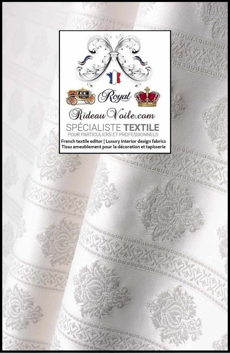 Tissu ameublement Jacquard Blanc Damasco Damas classique rayure florale au mètre