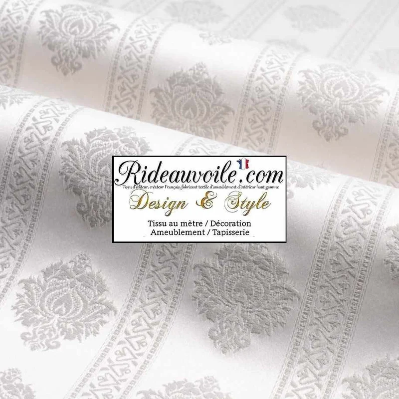 Tissu ameublement Jacquard Blanc Damasco Damas classique rayure florale au mètre