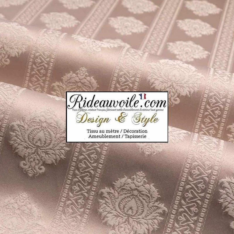 Tissu ameublement Jacquard Taupe Damasco Damas classique rayure florale au mètre