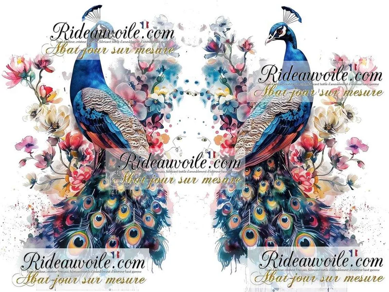 Abat-jour d'intérieur qualité sur mesure tissu ameublement motif Fleurs oiseaux paons