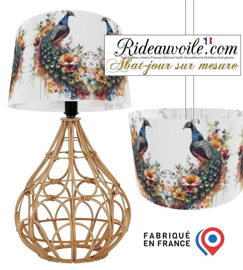 Création Abat-jour haute gamme sur mesure tissu imprimé bouquet Fleurs oiseaux paons
