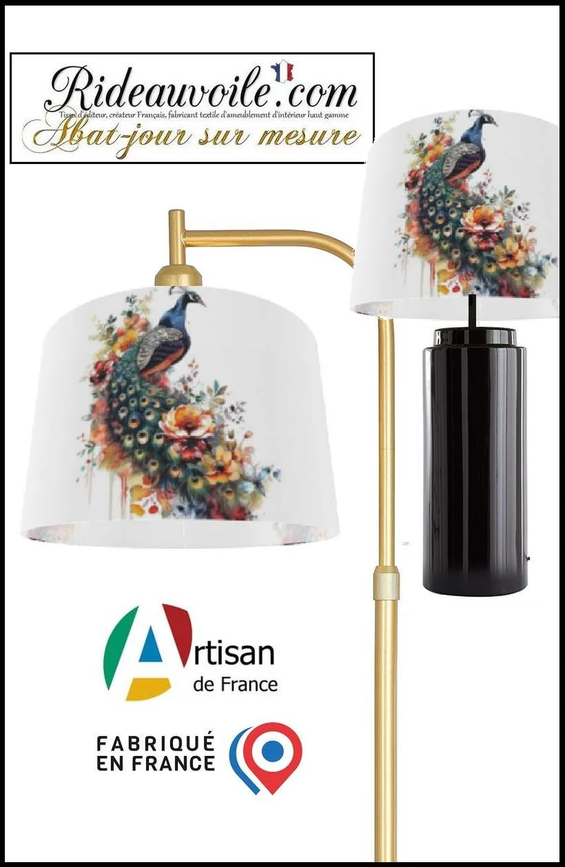 Confection luminaire abat-jour sur mesure tissu imprimé peinture Fleurs oiseau paon