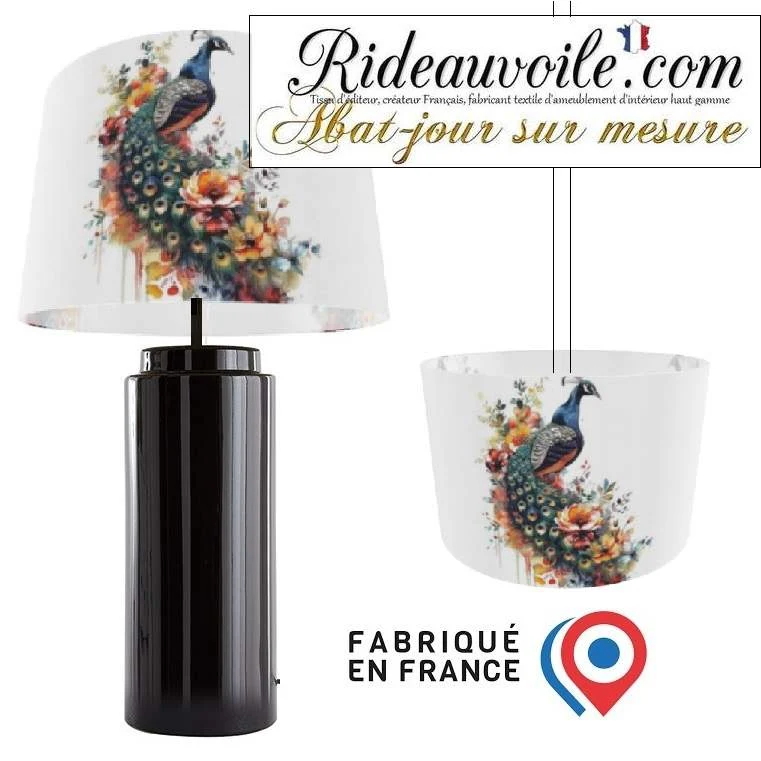 Confection luminaire abat-jour sur mesure tissu imprimé peinture Fleurs oiseau paon