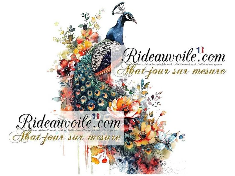 Confection luminaire abat-jour sur mesure tissu imprimé peinture Fleurs oiseau paon