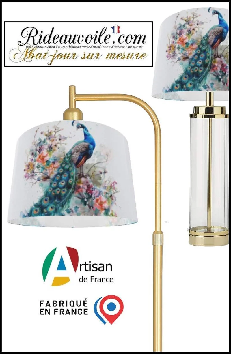 Confection décoration abat-jour sur mesure tissu imprimé feuilles Fleurs oiseaux paons