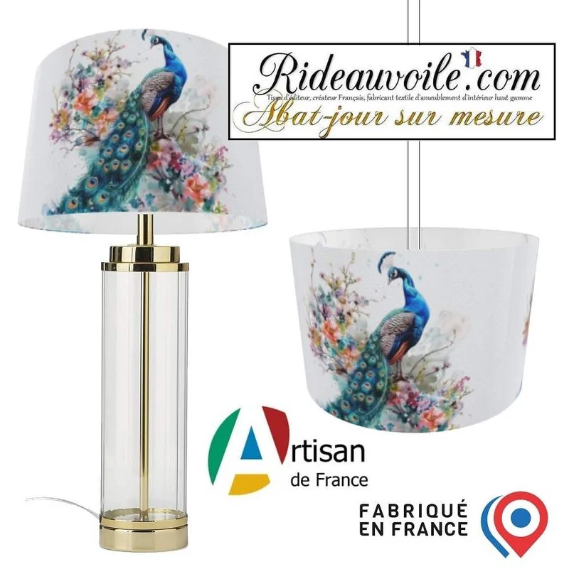 Confection décoration abat-jour sur mesure tissu imprimé feuilles Fleurs oiseaux paons