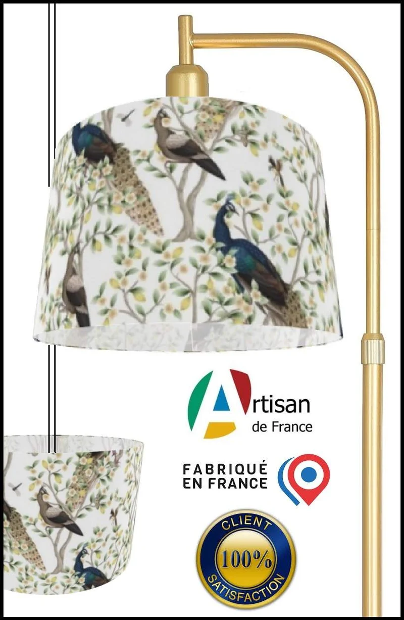 Fabrication abat-jour sur mesure tissu imprimé feuilles oiseaux paons création luminaire