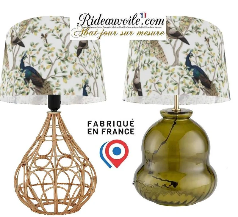 Fabrication abat-jour sur mesure tissu imprimé feuilles oiseaux paons création luminaire