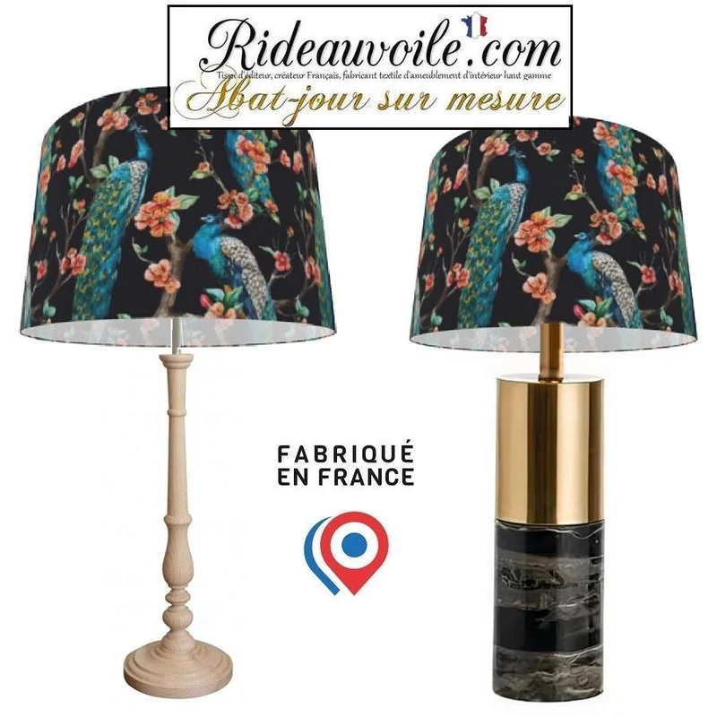 Fabrication d'abat-jour sur mesure tissu imprimé oiseaux paon coloré fond noir