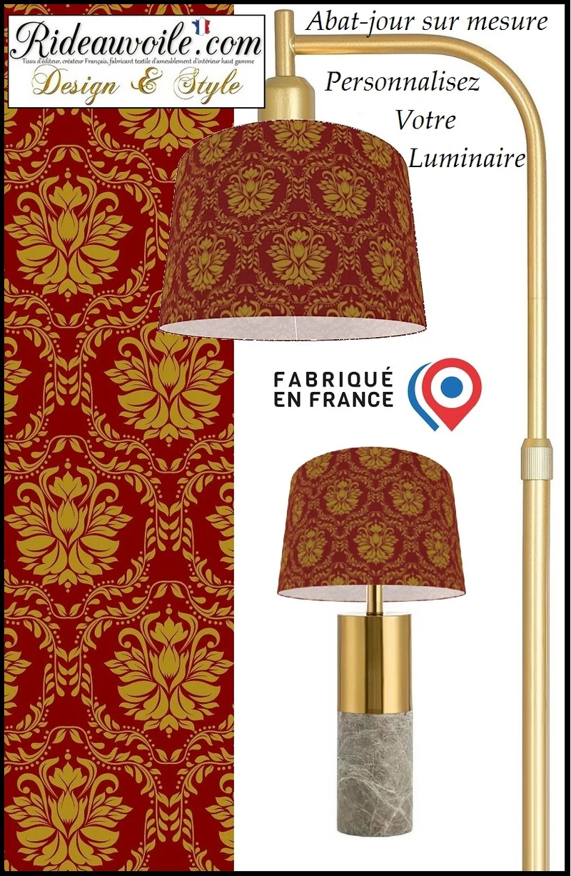 Création Abat-jour à poser, Suspension tissu rouge or motif fleur floral luminaire France