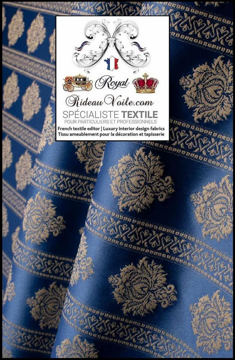 Tissu ameublement Jacquard bleu Damas classique rayures ligne florale mètre
