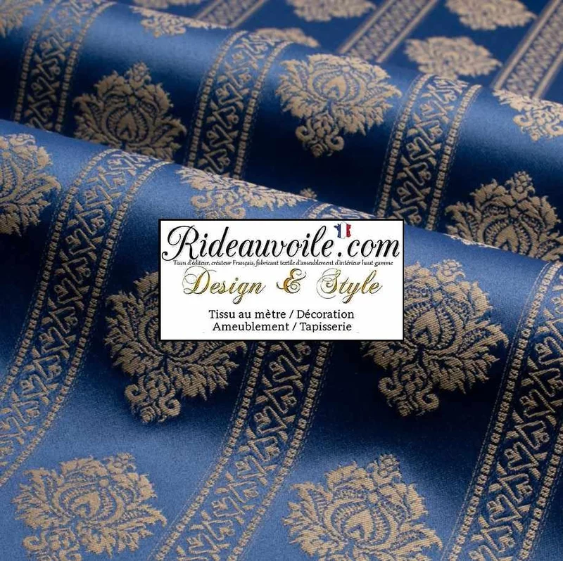 Tissu ameublement Jacquard bleu Damas classique rayures ligne florale mètre