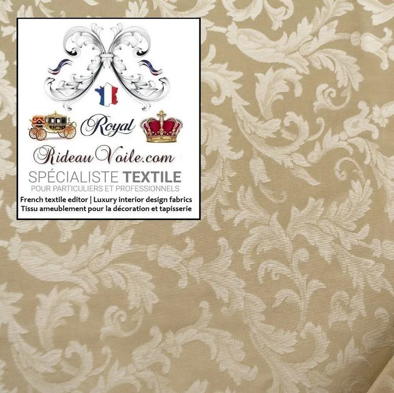 Tissu Damassé Damasco beige ameublement au mètre Jacquard ornement Baroque