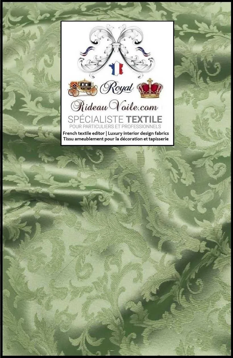 Tissu Damassé Empire vert ameublement au mètre Jacquard ornement Baroque