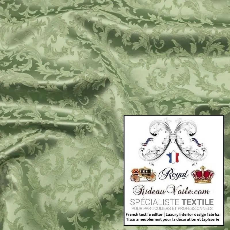Tissu Damassé Empire vert ameublement au mètre Jacquard ornement Baroque