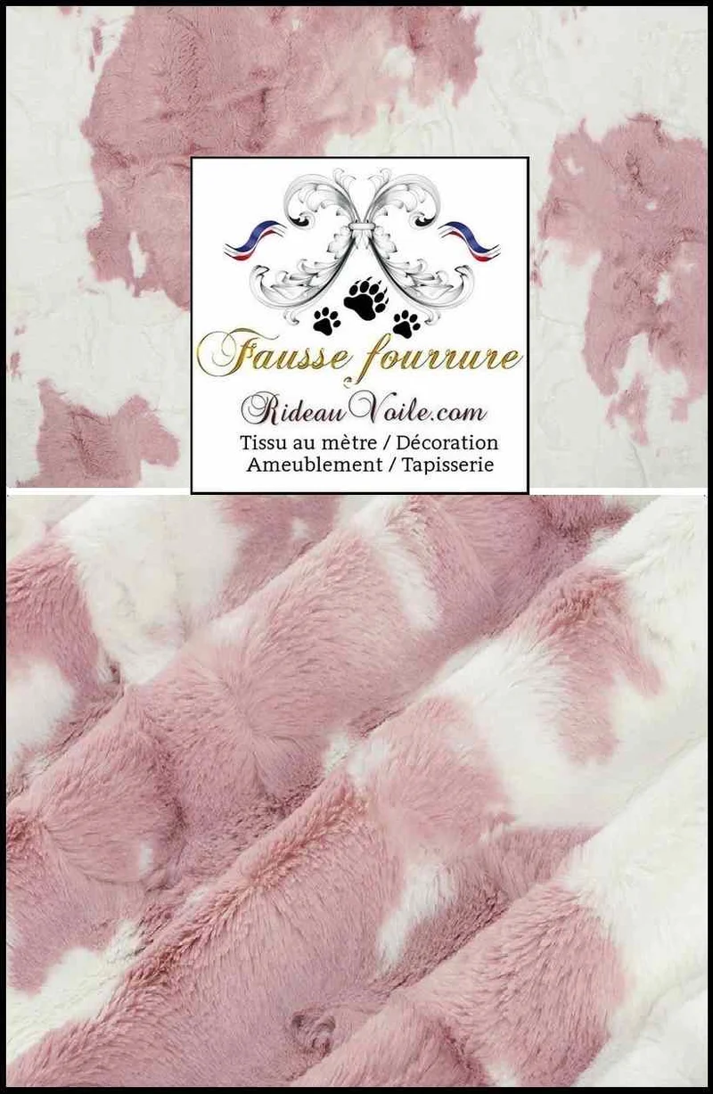 Tissu ameublement loisir intérieur fausse fourrure imitation tache peau de vache Rose