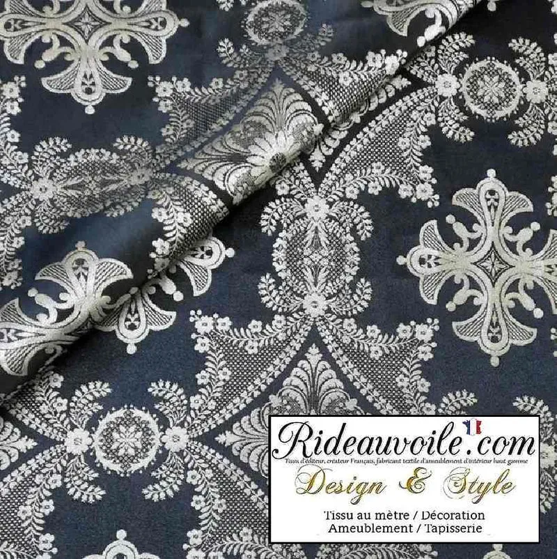 Tissu ameublement Brocart Damasco mètre interior ancien Baroque Noir argent