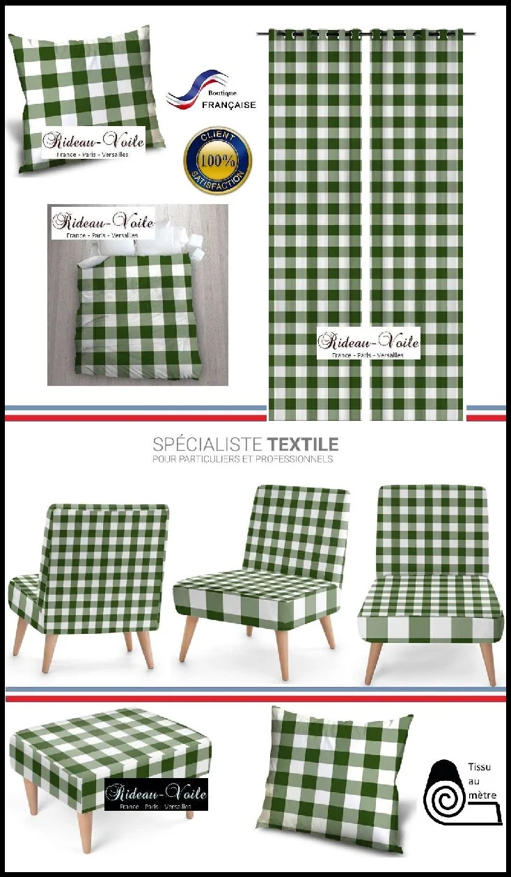Boutique tissu motif imprimé carreaux vichy au mètre vert foncé rideau couette coussin