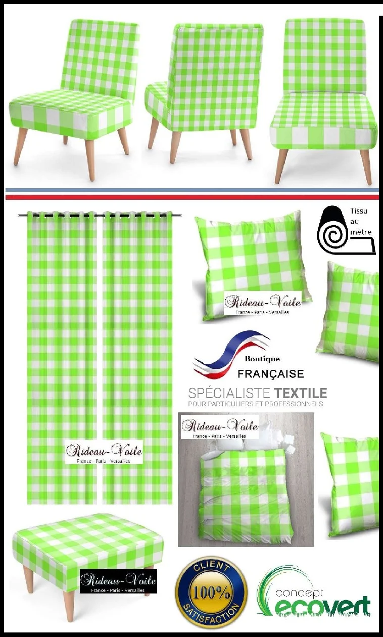Imprimés Carreaux vichy tissu au mètre motifs vert fluo voilage rideau couette coussin