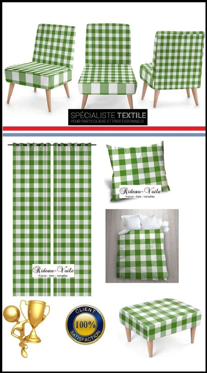 Carreaux imprimé chic vichy tissu au mètre motifs vert blanc rideau couette coussin