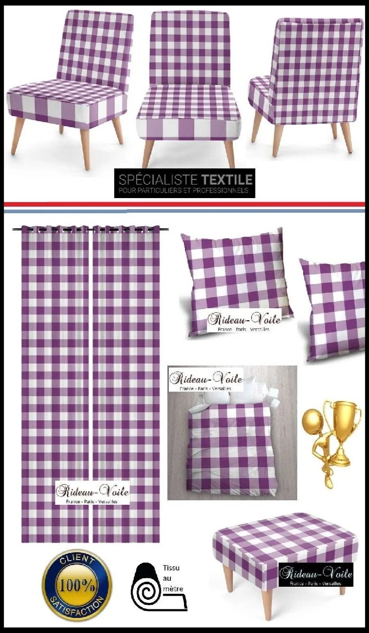Motif Carreaux imprimé vichy tissu au mètre violet blanc rideau couette coussin voilage