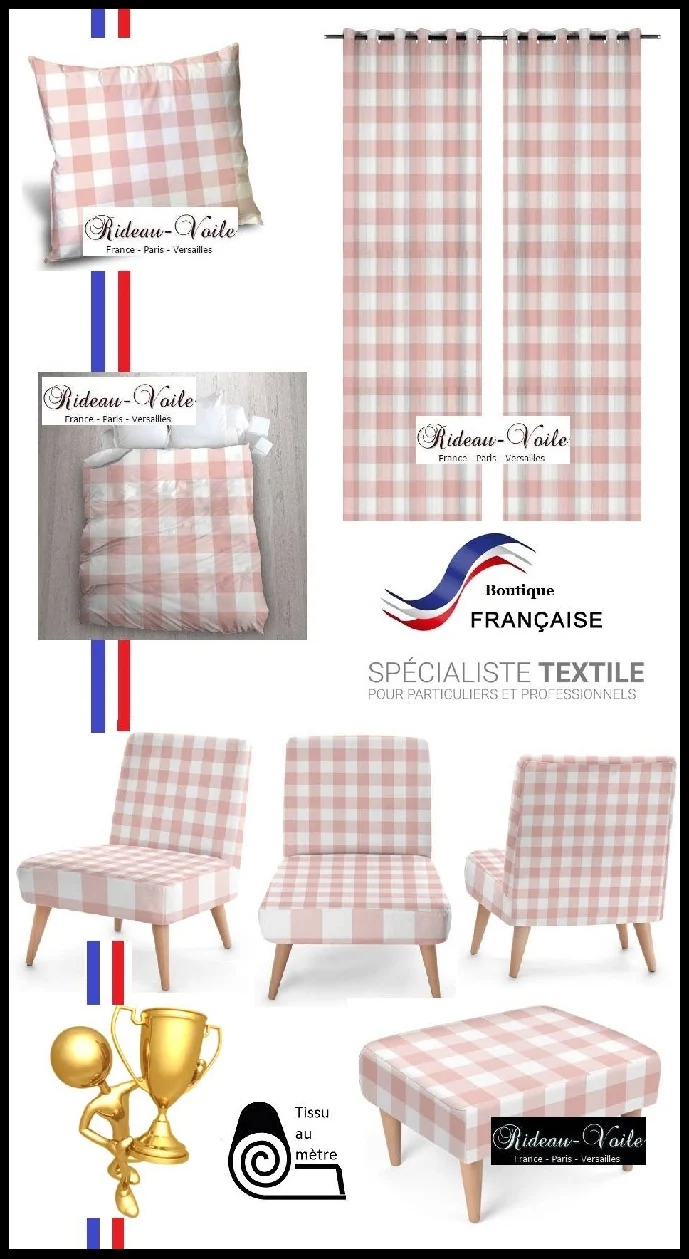 Carreaux vichy tissu au mètre motifs rose clair pastel blanc rideau couette coussin