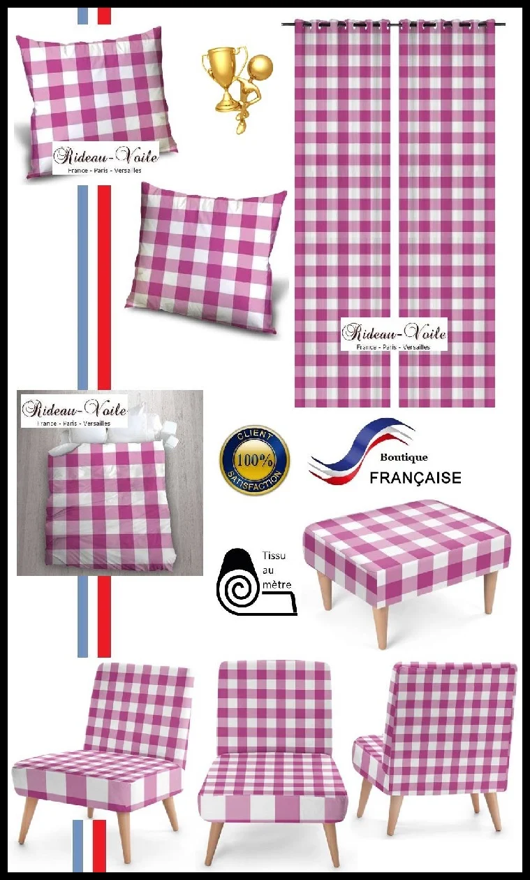 Ameublement Carreaux motif vichy tissu au mètre motifs rose fushia rideau couette