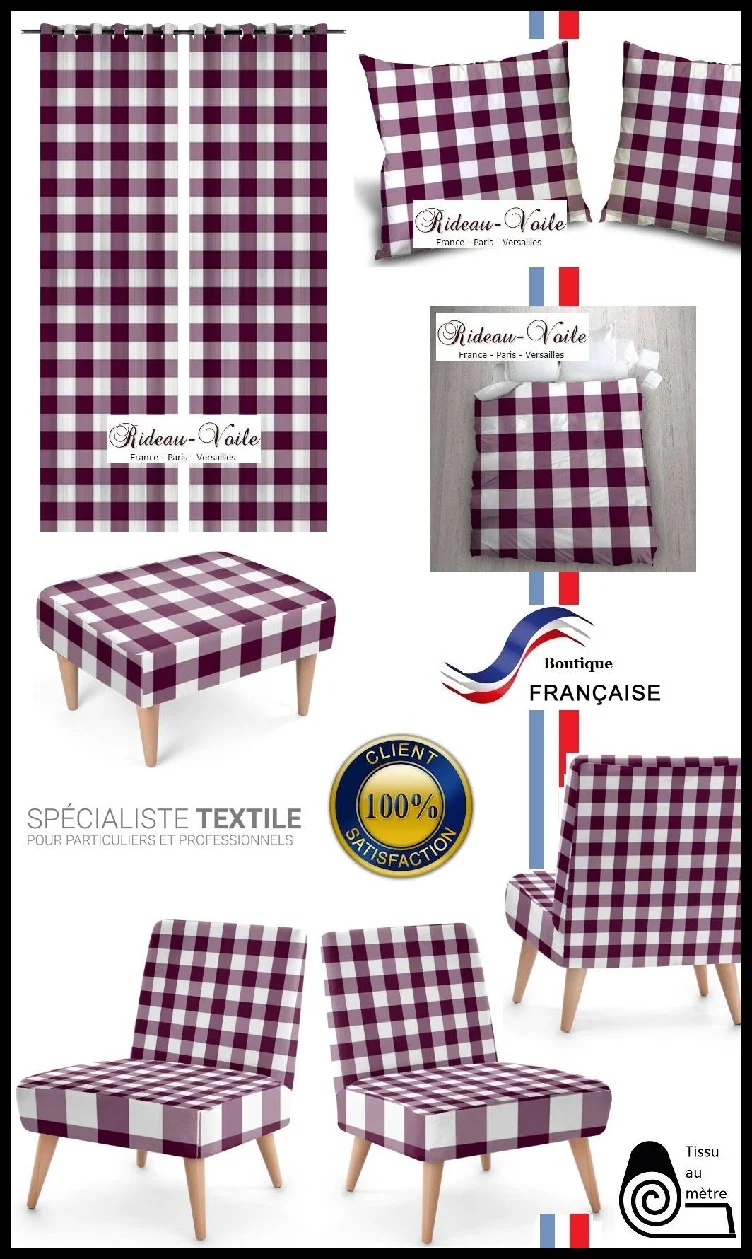 Carreaux vichy tissu au mètre motifs bordeaux lie de vin rideau couette coussin voilage