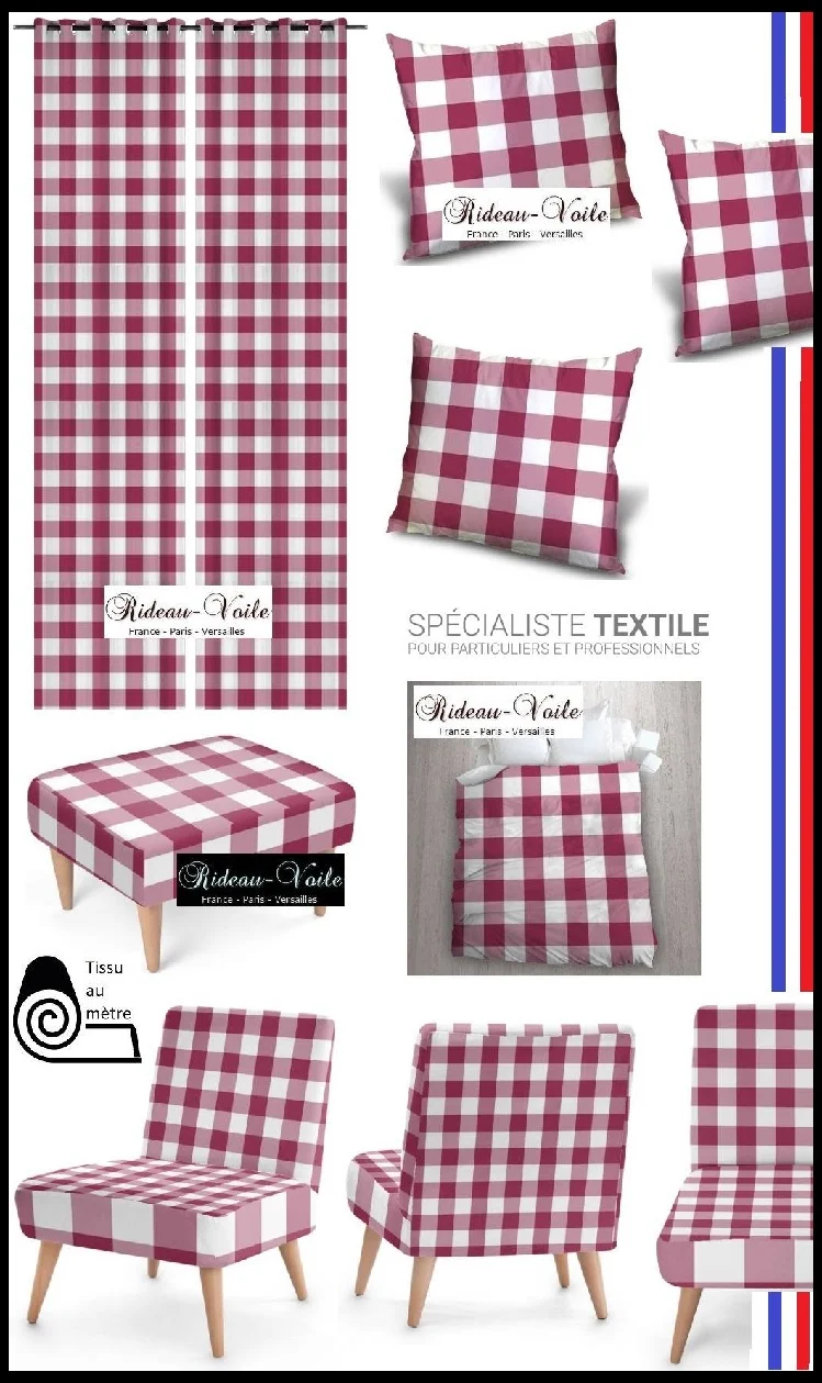 Carreaux vichy tissu au mètre motifs rouge framboise blanc rideau couette coussin