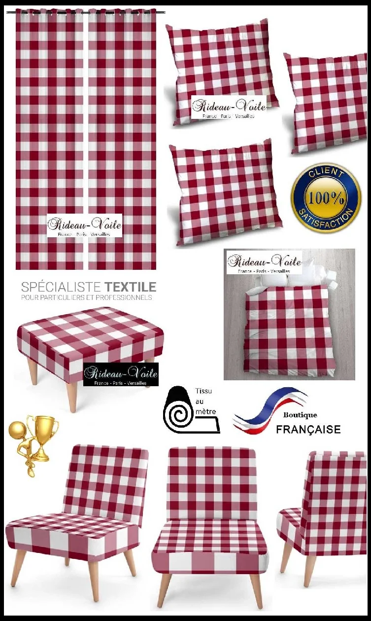 Carreaux imprimé vichy tissu mètre motif rouge foncé blanc rideau couette