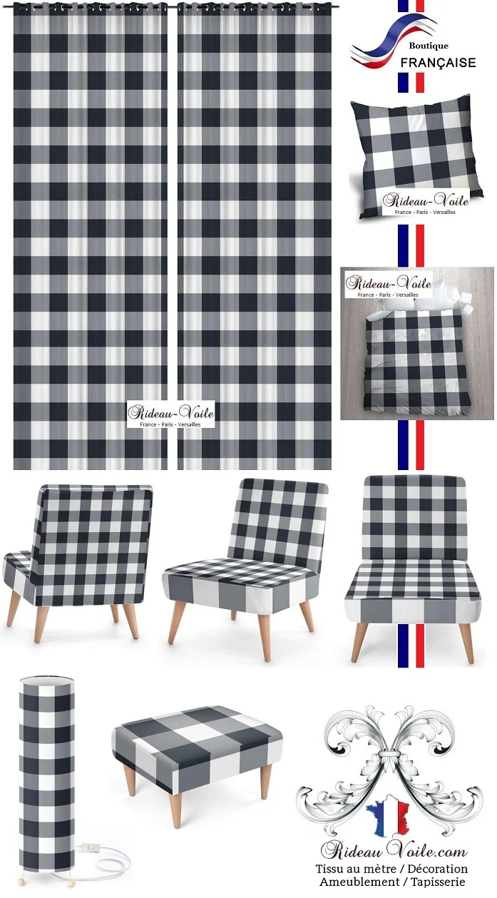 Impression gros Carreaux vichy tissu au mètre bleu cendré blanc rideau couette coussin