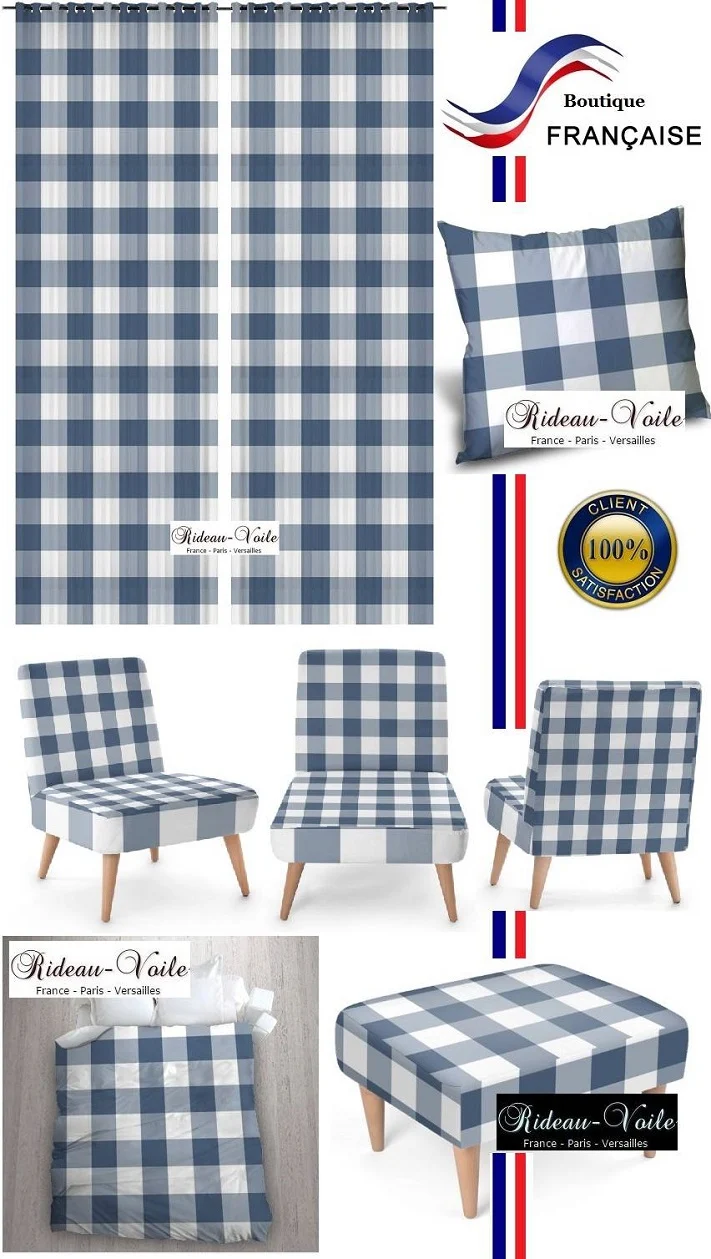 Carreaux motif imprimé vichy tissu au mètre bleu confection rideau couette coussin