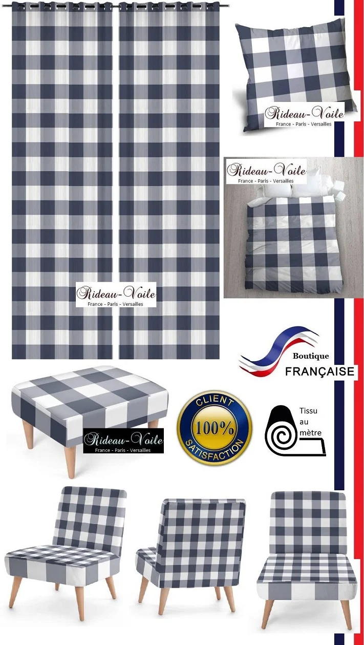 Imprimé Carreaux vichy tissu au mètre motifs bleu gris voilage rideau couette coussin