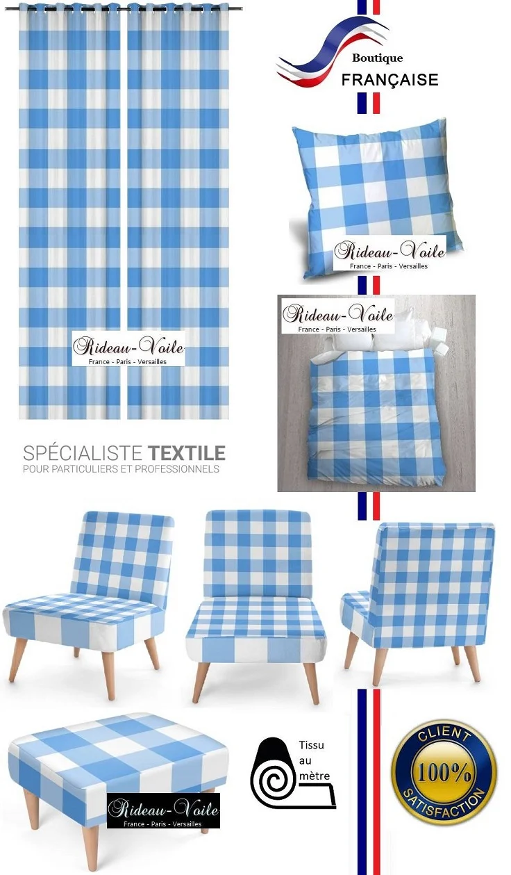 Carreaux vichy tissu au mètre bleu layette confection sur mesure rideau couette coussin