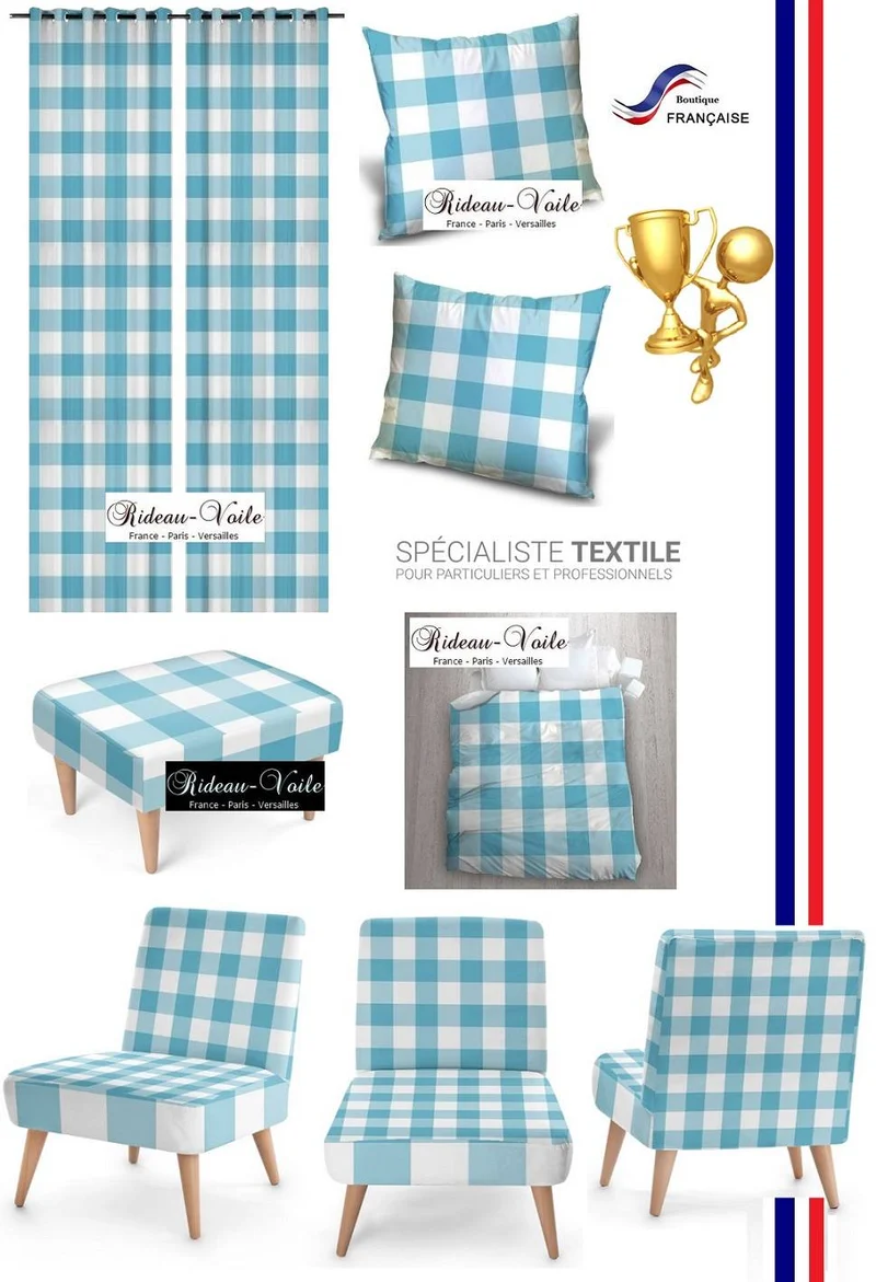 Carreaux vichy tissu ameublement motifs carrés bleu confection rideau store couette