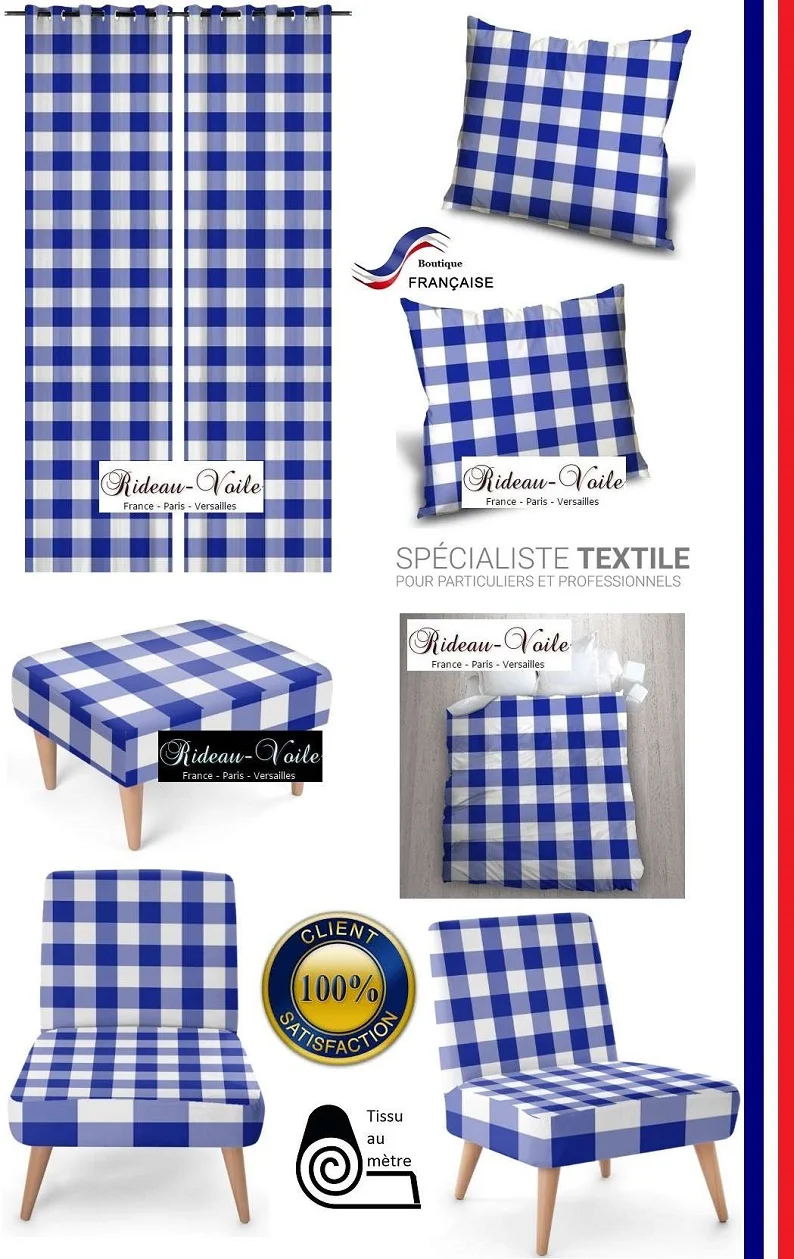 Voilage rideau imprimé Carreaux vichy tissu ameublement motif carrés bleu au mètre