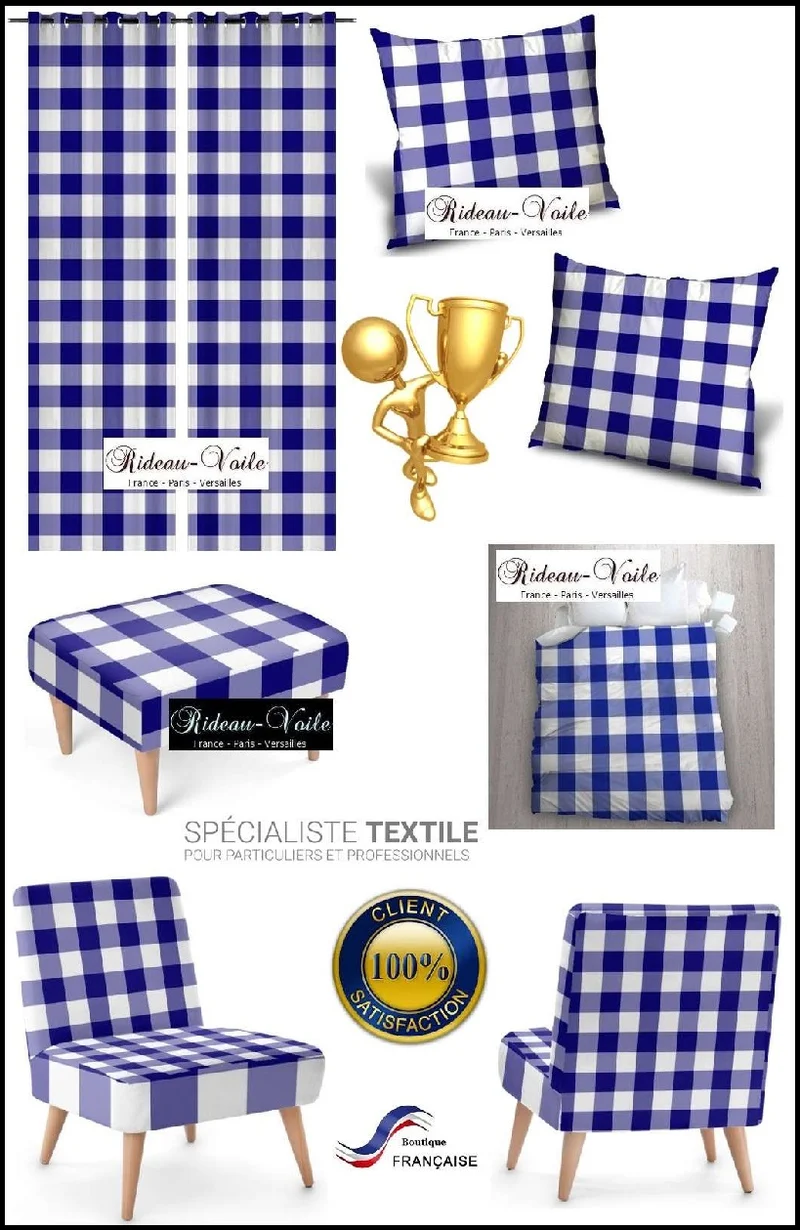Tapisserie déco Carreaux vichy tissu ameublement motifs carrés bleu blanc au mètre