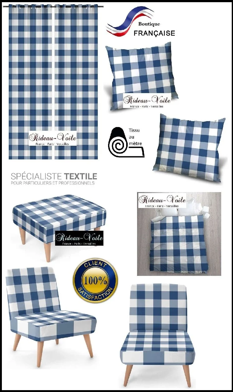 Décoration textile imprimé Carreaux vichy tissu ameublement motifs carrés bleu blanc