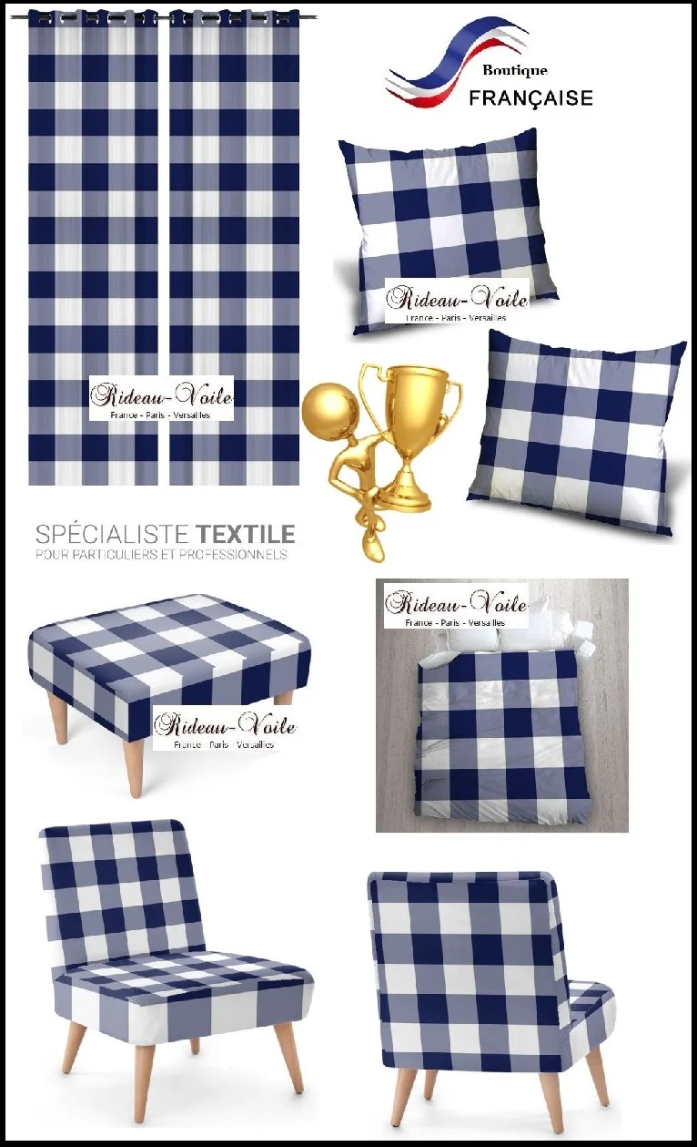 Larges Carreaux motif vichy tissu ameublement motifs carrés bleu blanc rideau voilage