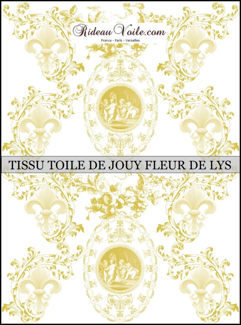Toile de Jouy Angelots tissu ameublement style Empire Anges Fleur de Lys jaune rideau