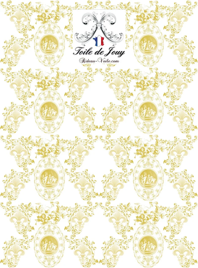 Toile de Jouy Angelots tissu ameublement style Empire Anges Fleur de Lys jaune rideau