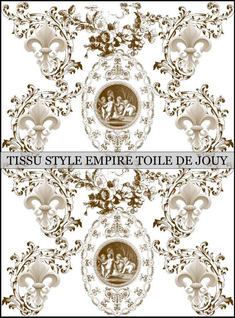 Toile de Jouy Angelot tissu ameublement style Empire Anges Fleur de Lys marron